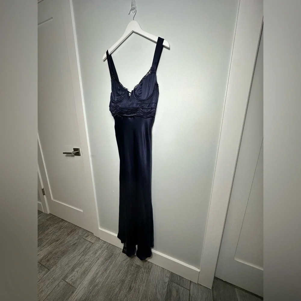 NEW Astr Aeris Satin Lace Trim Maxi Dress Navy Sz Medium Bustier Corset Feminine - Picture 12 of 17